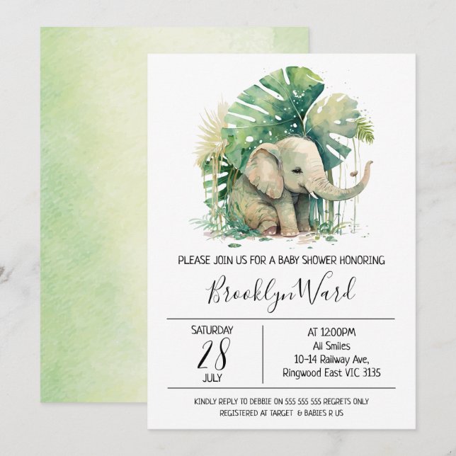 Invitation Baby shower d'aquarelle neutre pour les éléphants (Devant / Derrière)