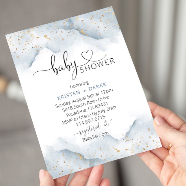 Invitation Baby shower d'aquarelle or et bleu Dusty (Créateur téléchargé)
