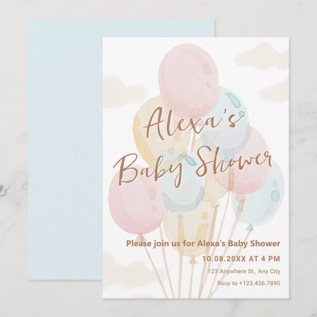 Invitation Baby shower d'aquarelle pastel Balloons (Devant / Derrière)