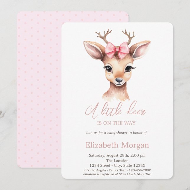Invitation Baby shower d'aquarelle Pois Little Deer Bow (Devant / Derrière)