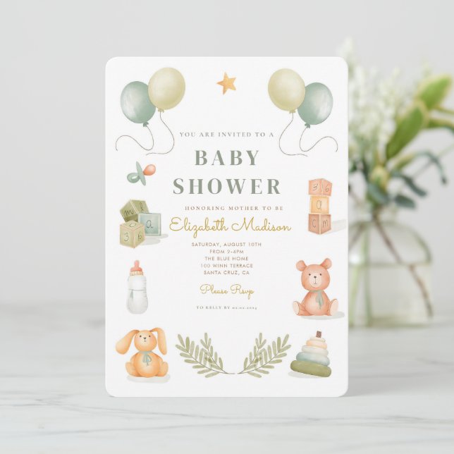 Invitation Baby shower d'aquarelle pour bébé mignonne jouets (Debout devant)