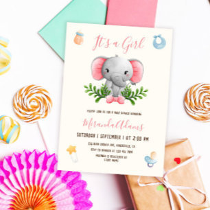 Invitation Baby shower d'aquarelle rose de la fille Eléphant