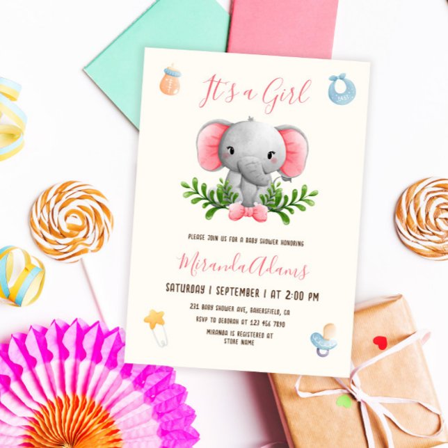 Invitation Baby shower d'aquarelle rose de la fille Eléphant (Créateur téléchargé)