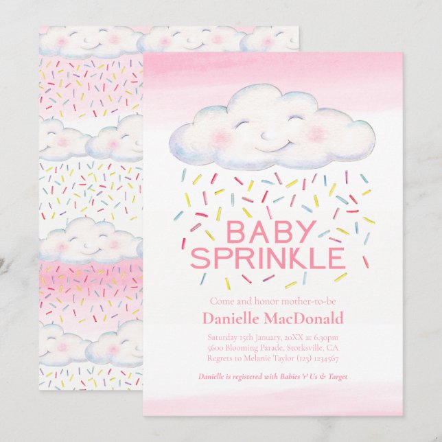 Invitation Baby shower d'aquarelle rose des bonbons (Devant / Derrière)