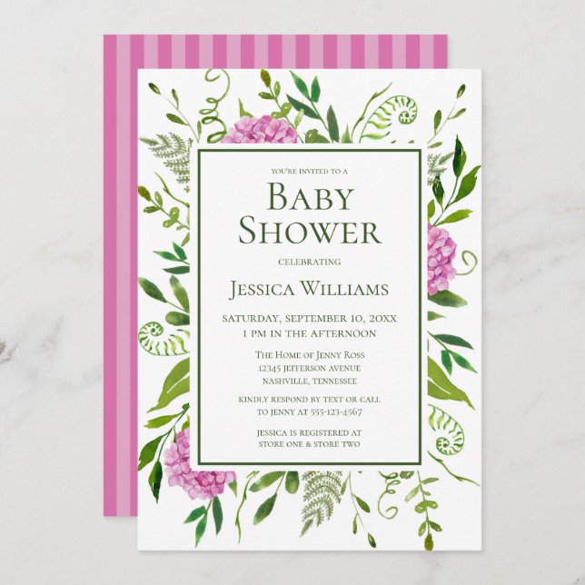 Invitation Baby shower d'aquarelle rose Hydrangeas (Devant / Derrière)