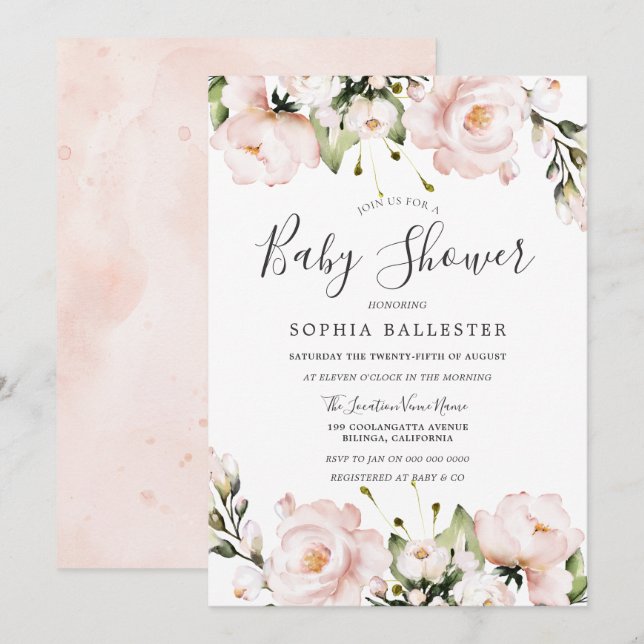 Invitation Baby shower d'aquarelle rose pâle (Devant / Derrière)