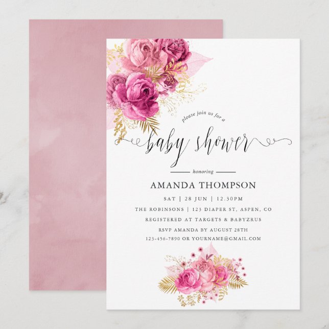 Invitation Baby shower d'aquarelle Rose rose et or (Devant / Derrière)