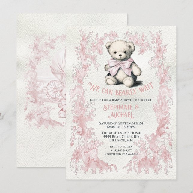 Invitation Baby shower d'aquarelle rose Teddy Bear Toile (Devant / Derrière)