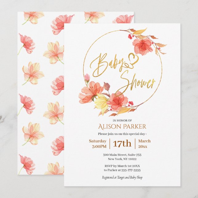 Invitation Baby shower d'aquarelle rouge or fleuri (Devant / Derrière)