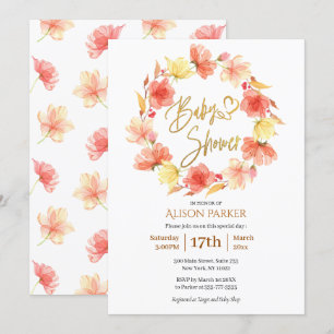 Invitation Baby shower d'aquarelle rouge or fleuri
