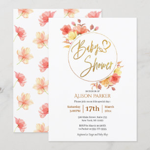 Invitation Baby shower d'aquarelle rouge or fleuri