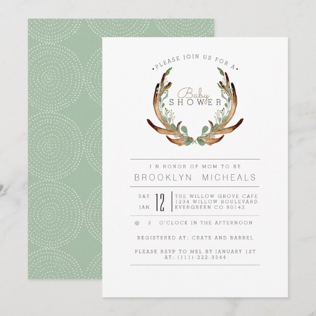 Invitation Baby shower d'aquarelle rustique Antler (Devant / Derrière)
