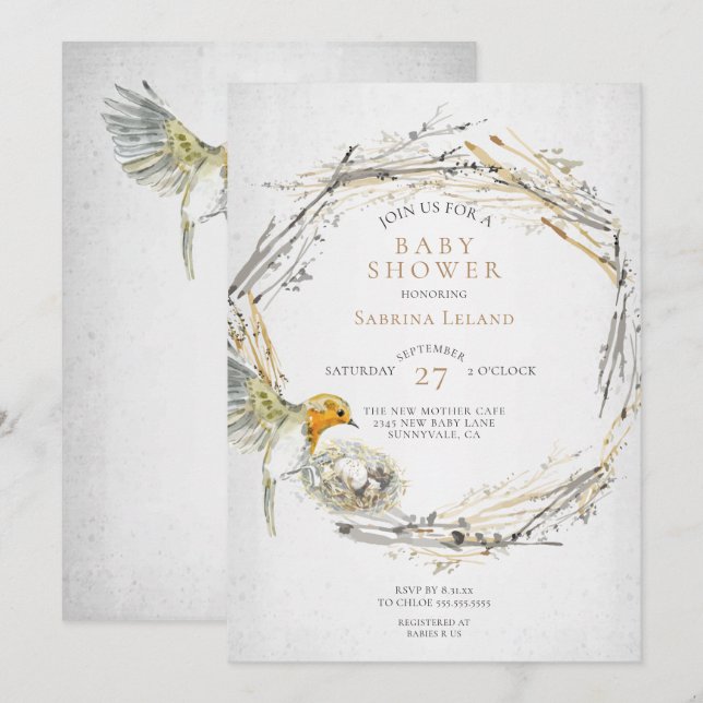 Invitation Baby shower d'aquarelle rustique pour oiseaux et n (Devant / Derrière)