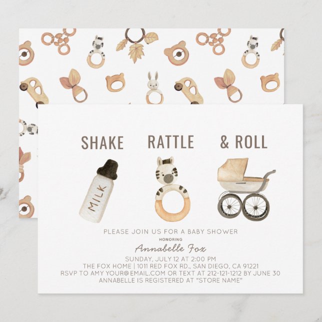 Invitation Baby shower d'aquarelle Shake Rattle & Roll Boho (Devant / Derrière)