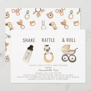 Invitation Baby shower d'aquarelle Shake Rattle & Roll Boho