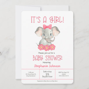 Invitation Baby shower d'aquarelle simple rose Elephant Girl