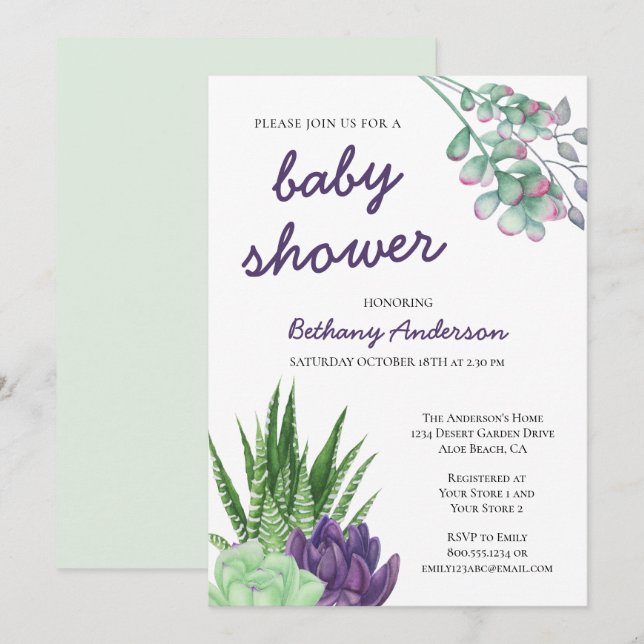 Invitation Baby shower d'aquarelle Succulents et Aloe Vera (Devant / Derrière)