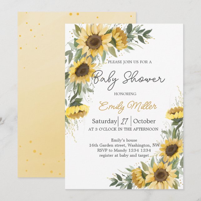 Invitation Baby shower d'aquarelle Sunflower Greenery (Devant / Derrière)