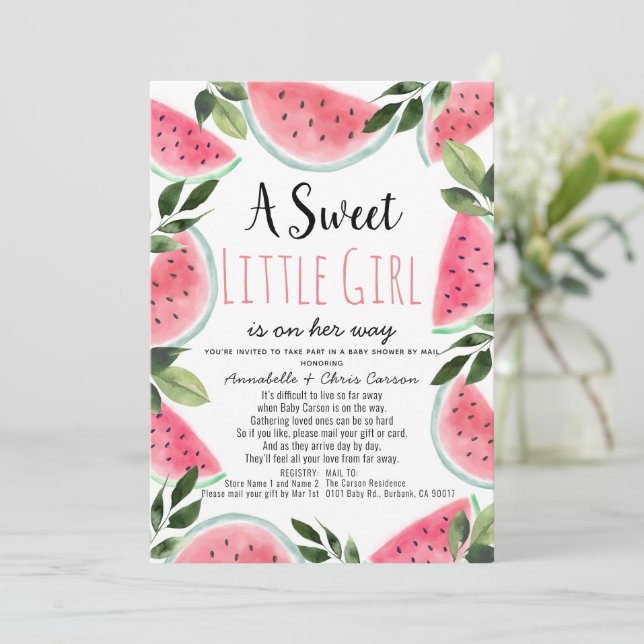 Invitation Baby shower d'aquarelle Sweet Watermelon par courr (Debout devant)