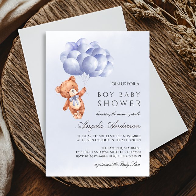 Invitation Baby shower d'aquarelle Teddy Bear Blue Balloon (Teddy Bear Blue Balloon Watercolor Boy Baby Shower Invitation)