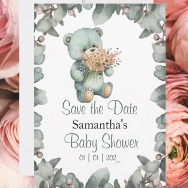 Invitation Baby shower d'aquarelle Teddy Bear Boy (Featuring a charming teddy bear and floral accents, it's the perfect way to invite loved ones to wel)