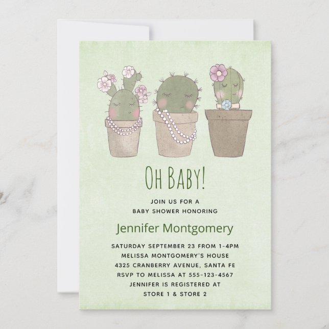 Invitation Baby shower d'aquarelle Trio Cactus trés souriant (Devant)