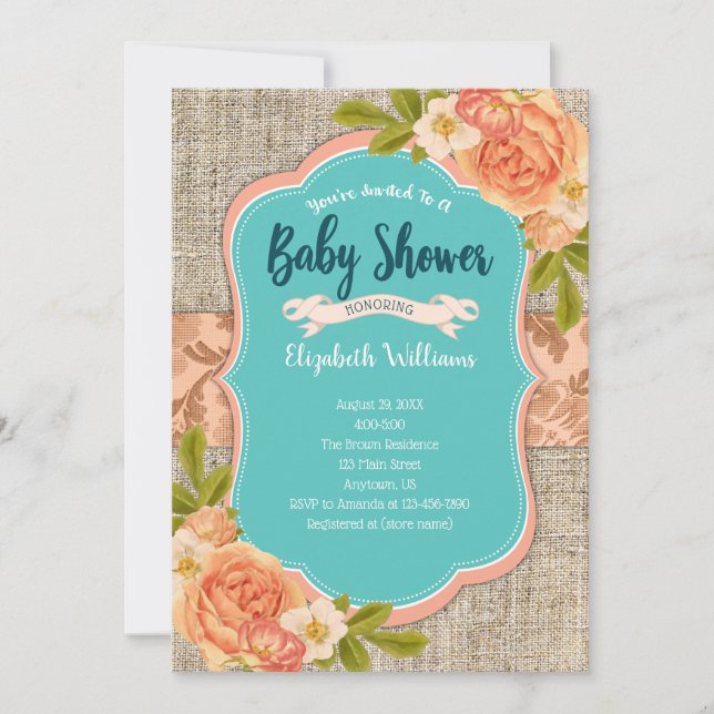 Invitation Baby shower d'aquarelle Turquoise Burlap (Devant)