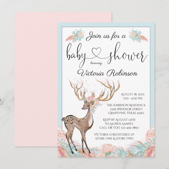 Invitation Baby shower d'aquarelle Turquoise rose cerf (Devant / Derrière)