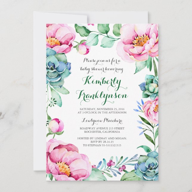 Invitation Baby shower d'aquarelle végétale rose (Devant)