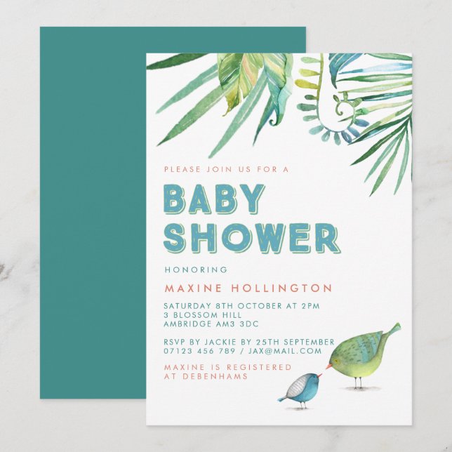 Invitation Baby shower d'aquarelle vert et bleu Tropical Bird (Devant / Derrière)