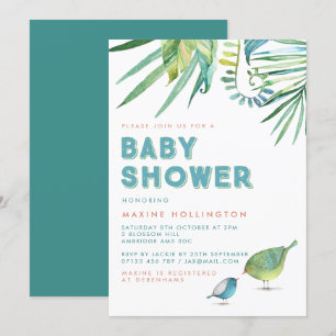 Invitation Baby shower d'aquarelle vert et bleu Tropical Bird