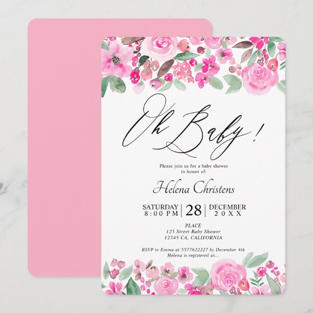Invitation Baby shower d'aquarelle vert rose (Devant / Derrière)