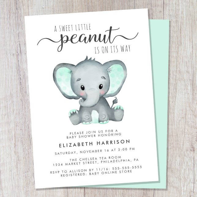 Invitation Baby shower d'aquarelle verte à la menthe éléphant (Cute gender-neutral baby shower invitation)