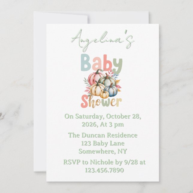 Invitation Baby shower d'aquarelle verte Sage Citrouille auto (Devant)