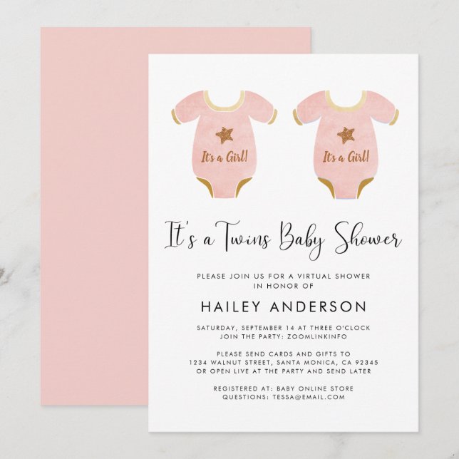 Invitation Baby shower d'aquarelle Virtual Twin Girls (Devant / Derrière)