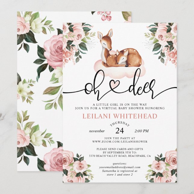 Invitation Baby shower d'aquarelle virtuelle Oh Deer Floral (Devant / Derrière)