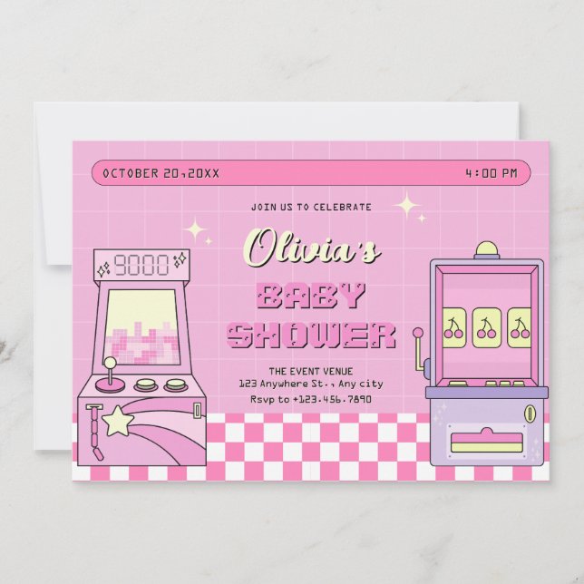Invitation Baby shower d'arcade de jeu rose (Devant)