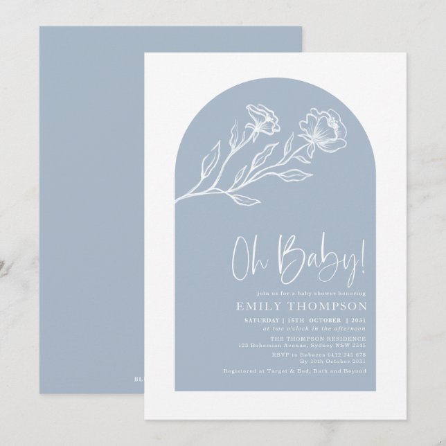Invitation Baby shower d'arche botanique bleu foncé moderne (Devant / Derrière)