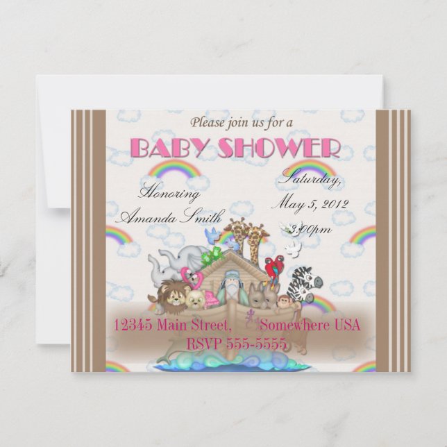 Invitation Baby shower d'arche de Noé Rose (Devant)