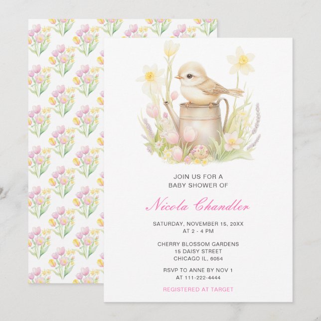 Invitation Baby shower d'arrosage des oiseaux de printemps (Devant / Derrière)