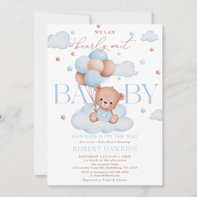 Invitation Baby shower d'attente Bleu Boeuf Teddy Bear (Devant)