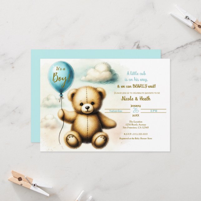 Invitation Baby shower d'attente de l'ours bleu Teddy Bearly (Devant/Arrière en situation)