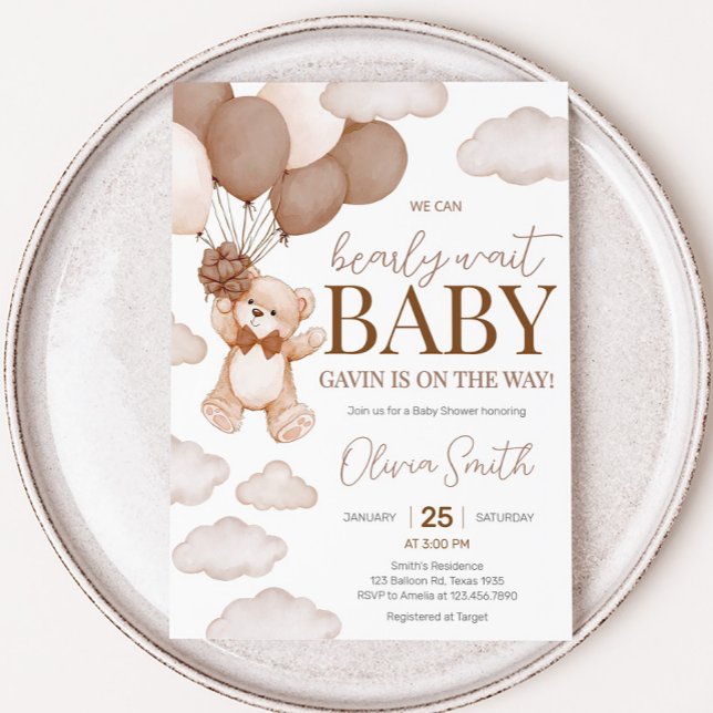 Invitation Baby shower d'attente de l'ours Brown (Brown Bearly Wait Baby Bear Balloon Baby Shower Invitation
)