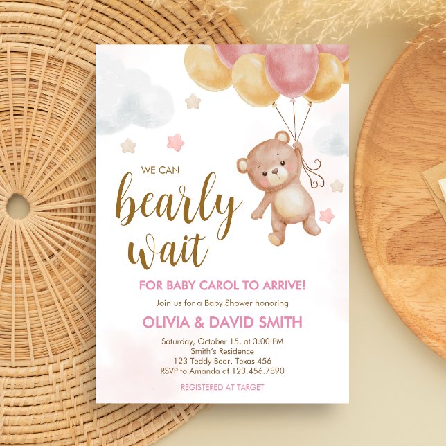 Invitation Baby shower d'attente de l'ours de fille (We Can Bearly Wait Bear Balloons Baby Shower Invitation)