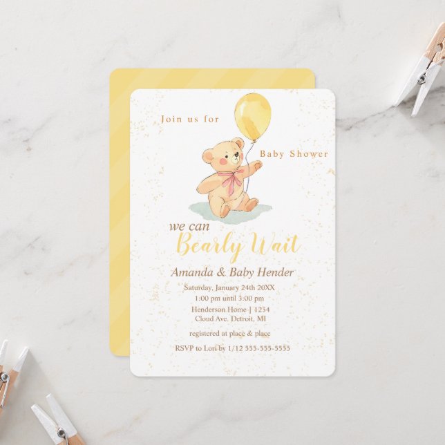 Invitation Baby shower d'attente de l'ours en peluche (Devant/Arrière en situation)