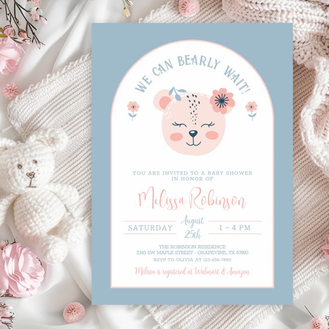 Invitation Baby shower d'attente d'ours bleu rose (You can change the blue background and the white backside background color to whatever you prefer.)