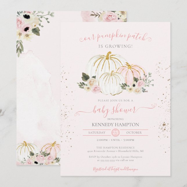 Invitation Baby shower d'automne blanc et rose pâle Citrouill (Devant / Derrière)