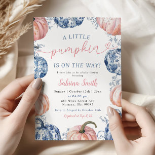 Invitation Baby shower d'automne bleu chinois et rose Citroui