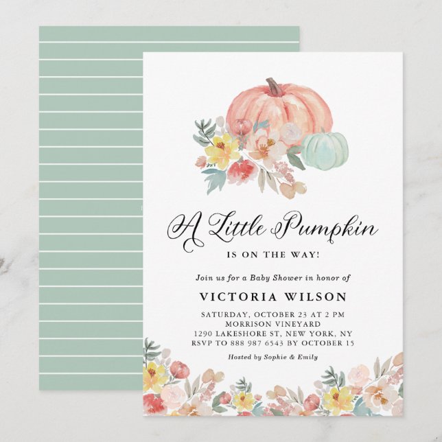 Invitation Baby shower d'automne Boho Pink et Blue Citrouille (Devant / Derrière)