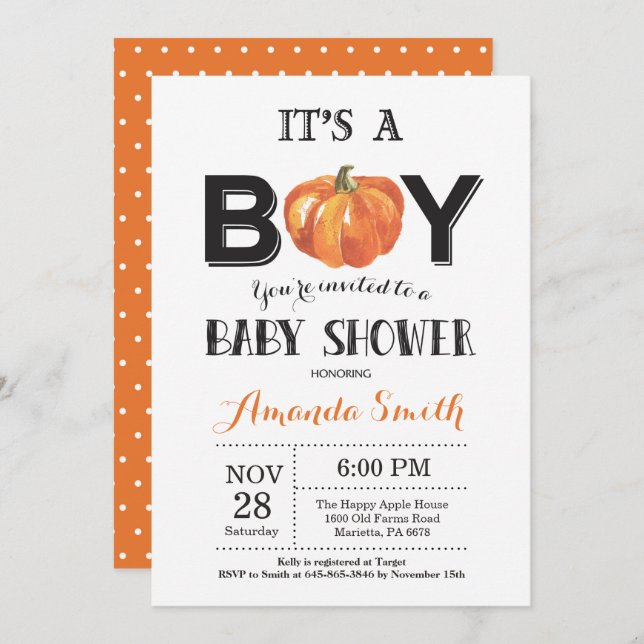 Invitation Baby shower d'automne citrouille (Devant / Derrière)